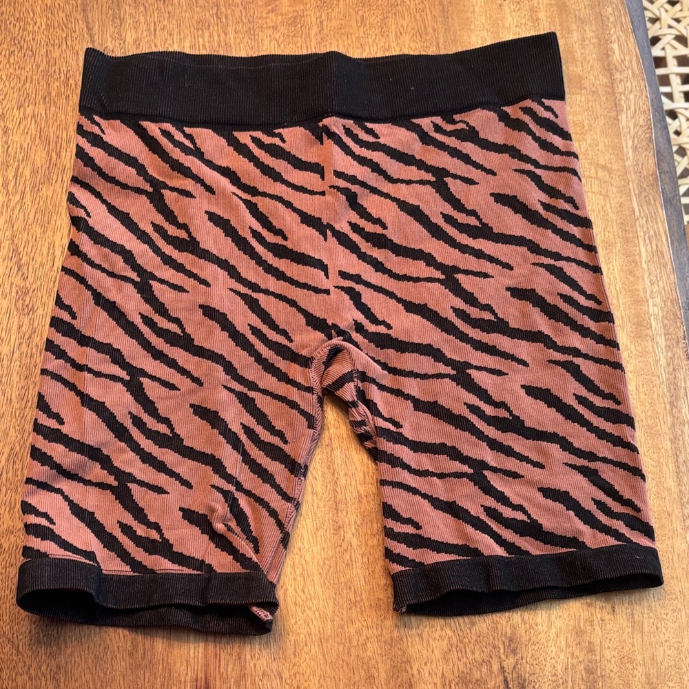 Free People Zebra-Stripe Knit Shorts in Rust and Black